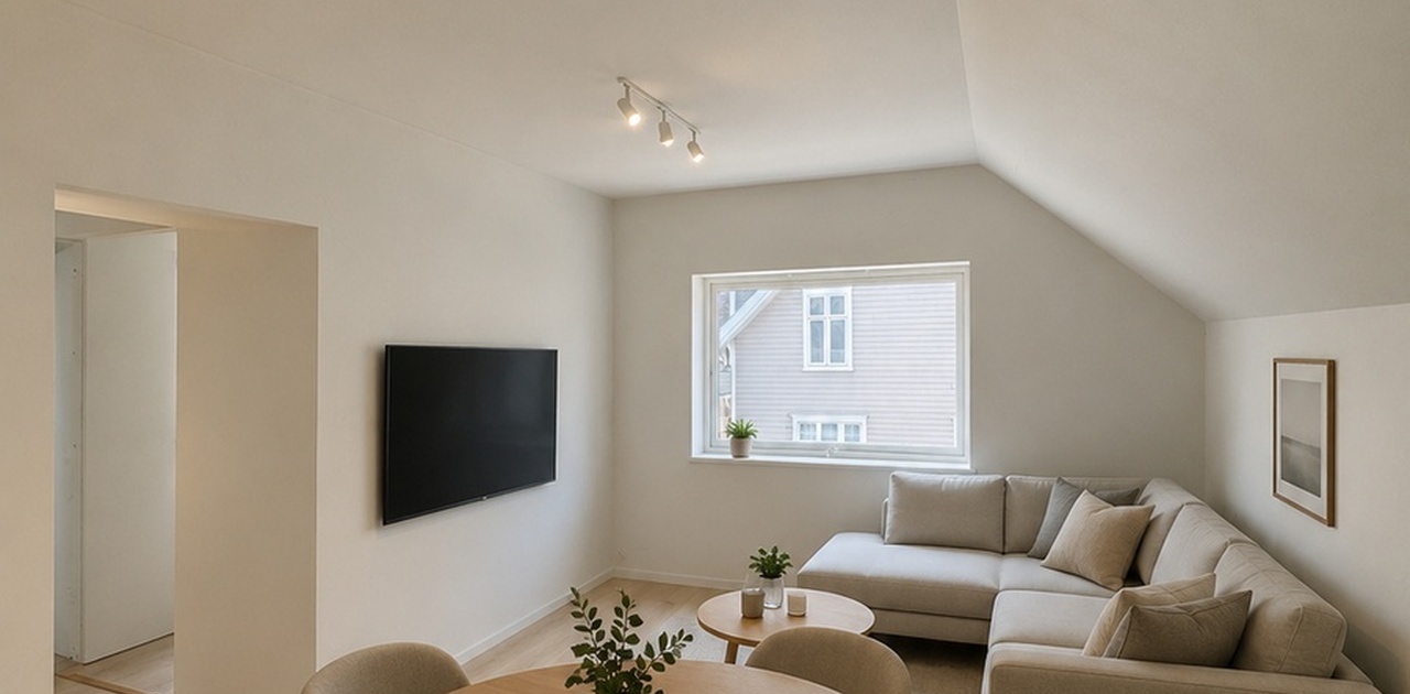 Lys og fin stue med spisebord og sofagruppe. AI-generert møblering.