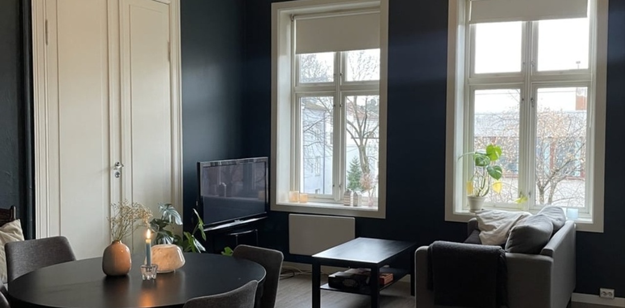 Stue. Sofaen er nå byttet ut med en to-seters chaise longue.