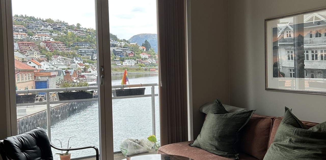 Frå leiligheiten er det nydeleg utsikt ut på fjorden
