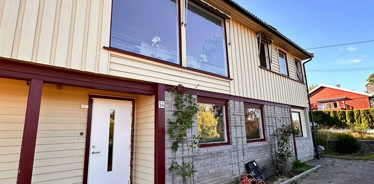 Stor innkjørsel som strekker seg ned bakken, garasje ved bakken.