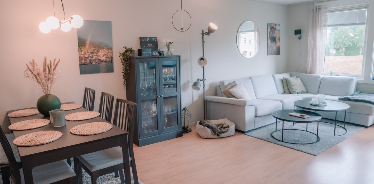 Stue med tv, sofa og spisestue
