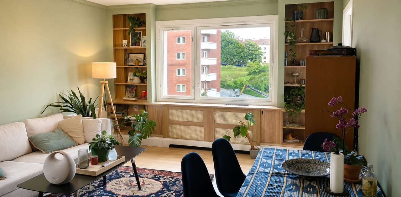 Boligens stue kommer fullt møblert, inkludert en plassbygget hylle langs den ene veggen.