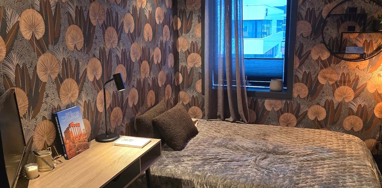 Rom 2 - brun/grøn farger/tapet, sovesofa 135 cm, stor speil