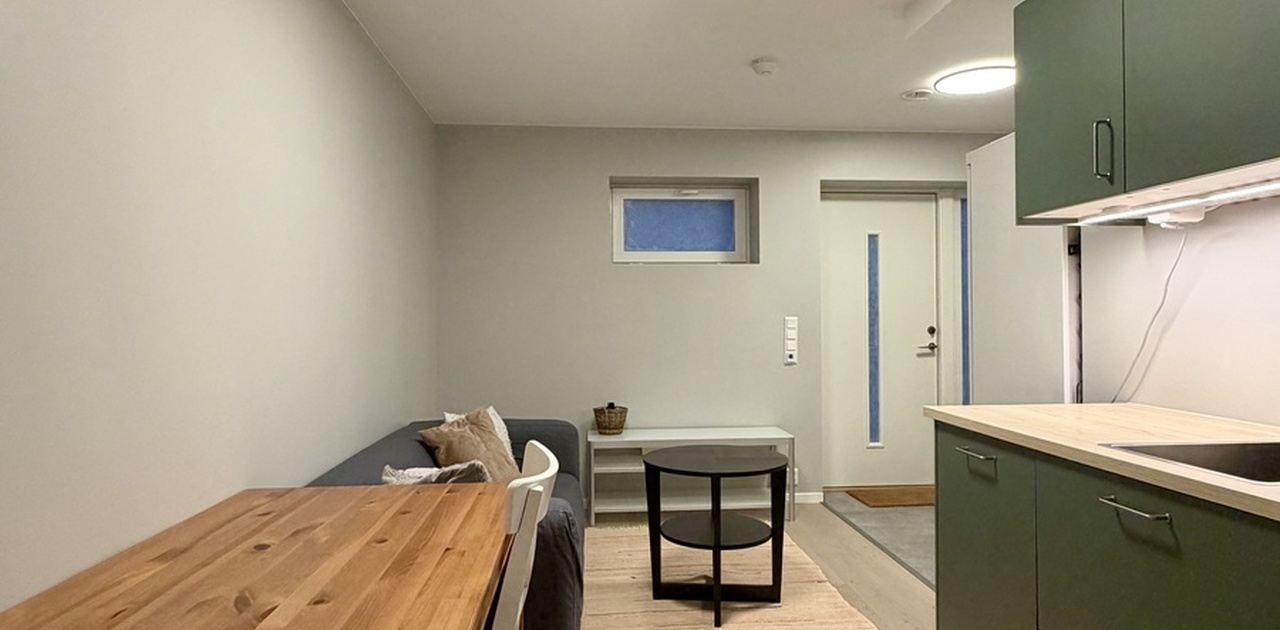 Stuen med plass til både bord og sofa.