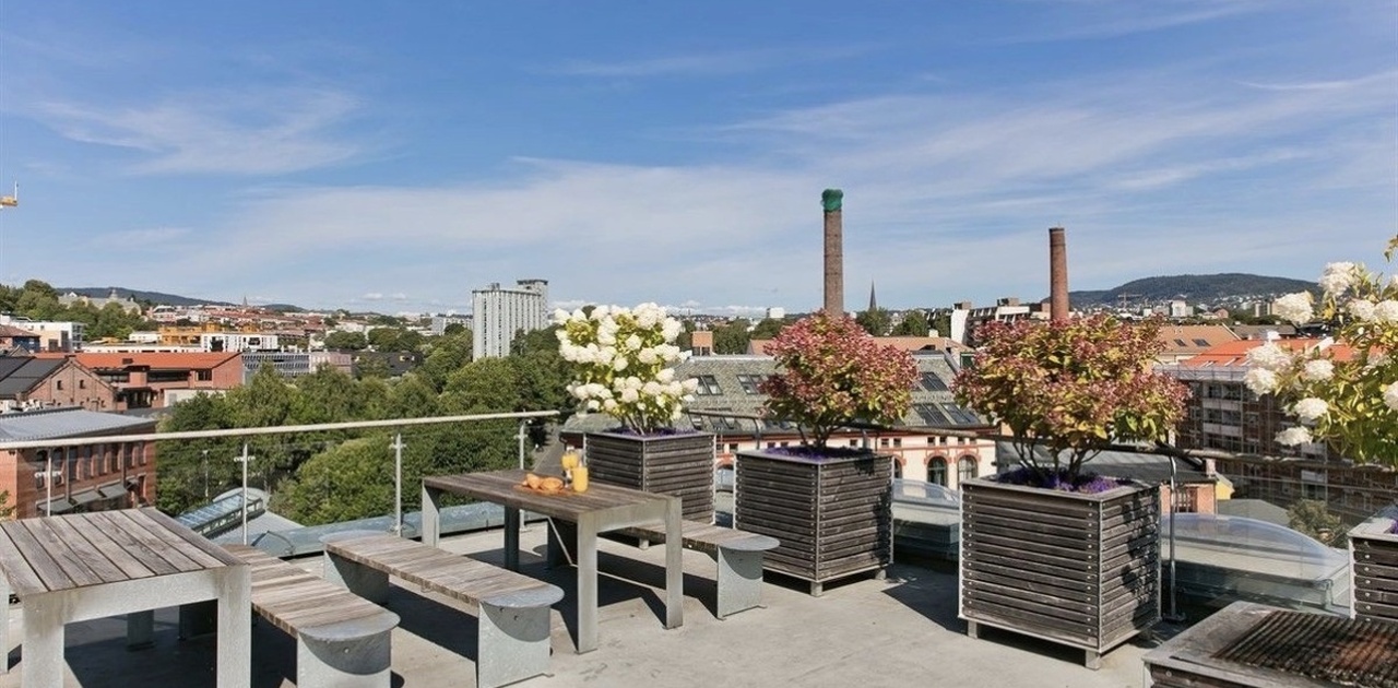 Takterasse med sittegrupper og grill