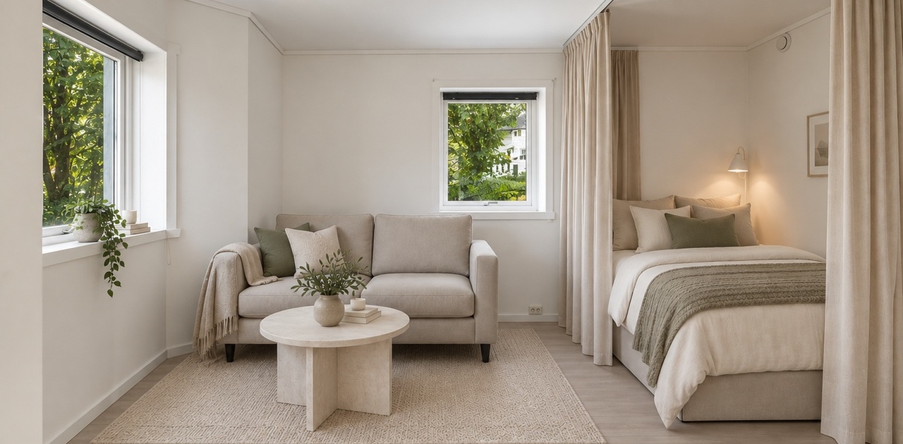 Værelse med beige 2 seter fra Bohus, sofabord i traventin finish. Soveværelse avgrenset med gardinskinner i taket for en lun og deilig romfølelse