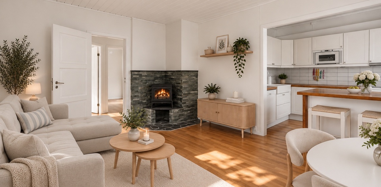 Stor lys og trivelig stue med ildsted