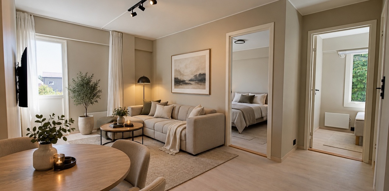 Stue med sofa, sofabord, spisegruppe og TV. Bildet er stylet med AI.