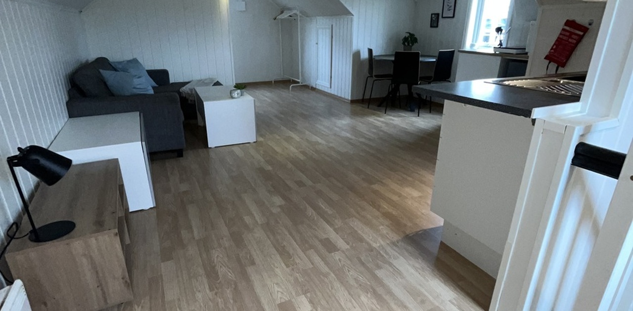 Det romslige oppholdsrommet under skråtaket er innredet med sofa og salongbord, og har lyst laminatgulv samt en åpen kjøkkenløsning.