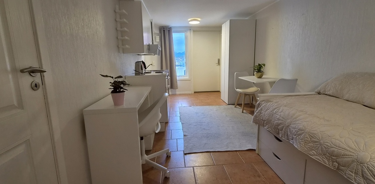 Det langstrakte rommet har flislagt gulv og er effektivt innredet med seng, skrivebord, spiseplass og en liten kjøkkenavdeling.