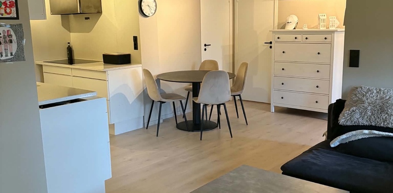 Det åpne oppholdsrommet forener stue, spiseplass og kjøkkenkrok, utstyrt med moderne spotbelysning og veggmontert aircondition.