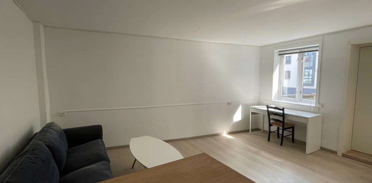 Stuen har lyst gulv og hvite vegger, møblert med en mørk sofa, et lavt salongbord og en kontorplass plassert ved vinduet.