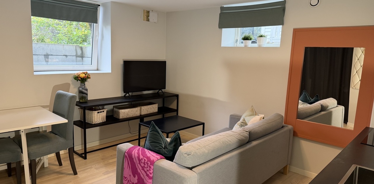 Oppholdsrommet er innredet med en grå sofa, spiseplass ved vinduet og en TV-benk mot den lyse veggen. Varmekabler.