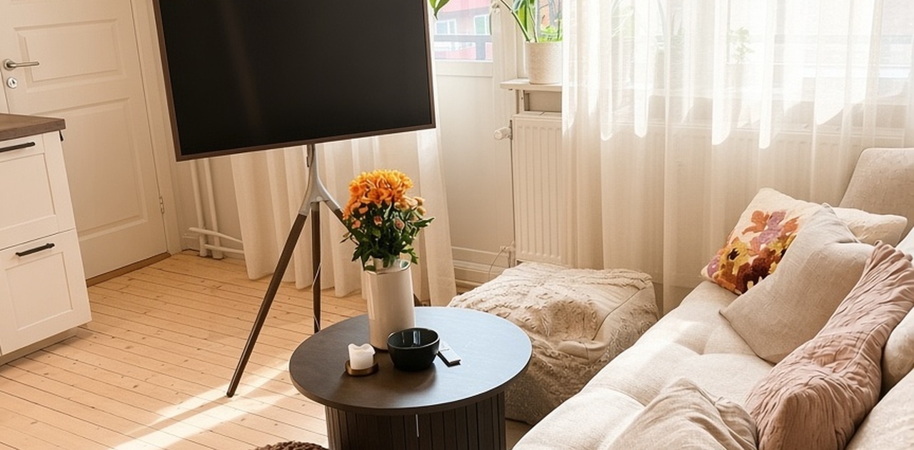 Stuen er innredet med en behagelig sofa i nøytrale toner, et rundt salongbord og frittstående TV ved store vindusflater med lette gardiner.