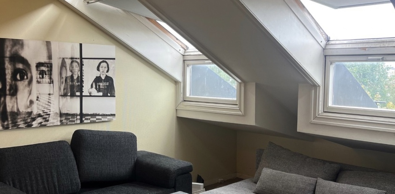 Store takvinduer slipper dagslys ned i stuekroken under skråtaket, som er innredet med to sofaer og et salongbord.
