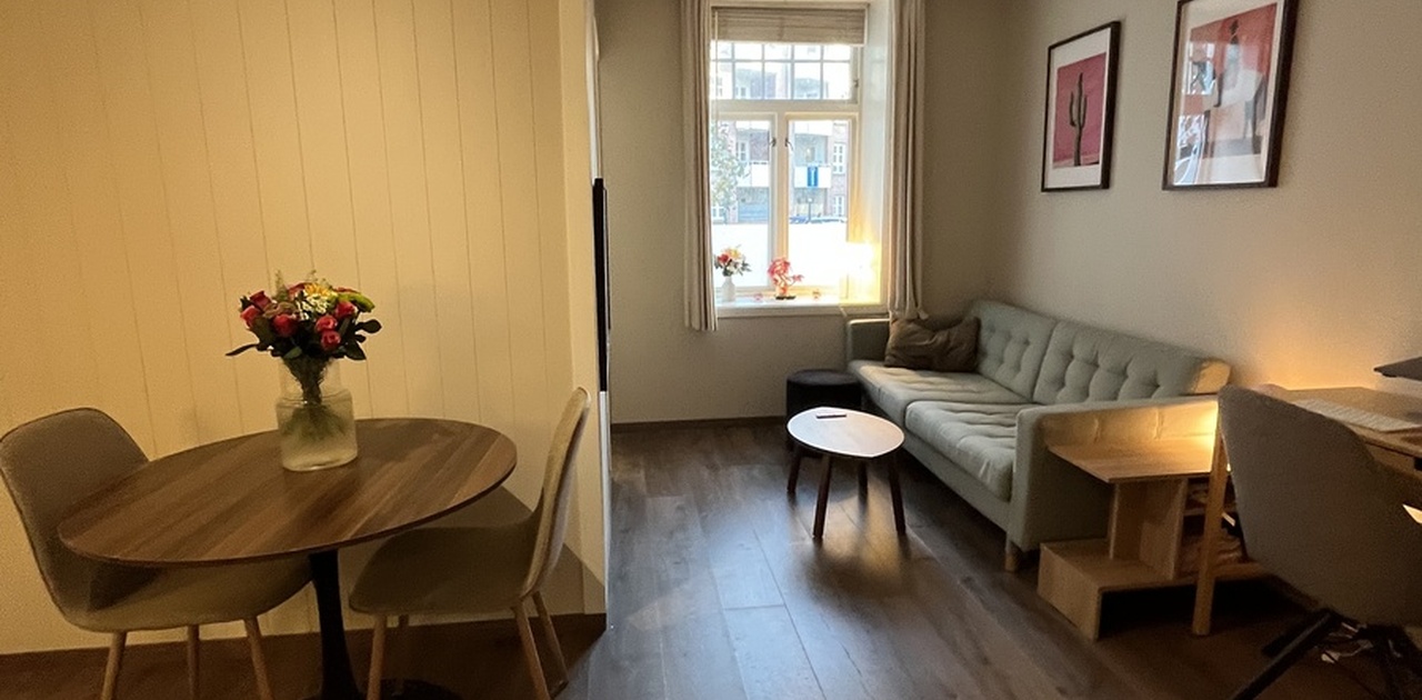 Stuen har en fleksibel planløsning med spiseplass, sofa og kontorkrok over et mørkt tregulv.