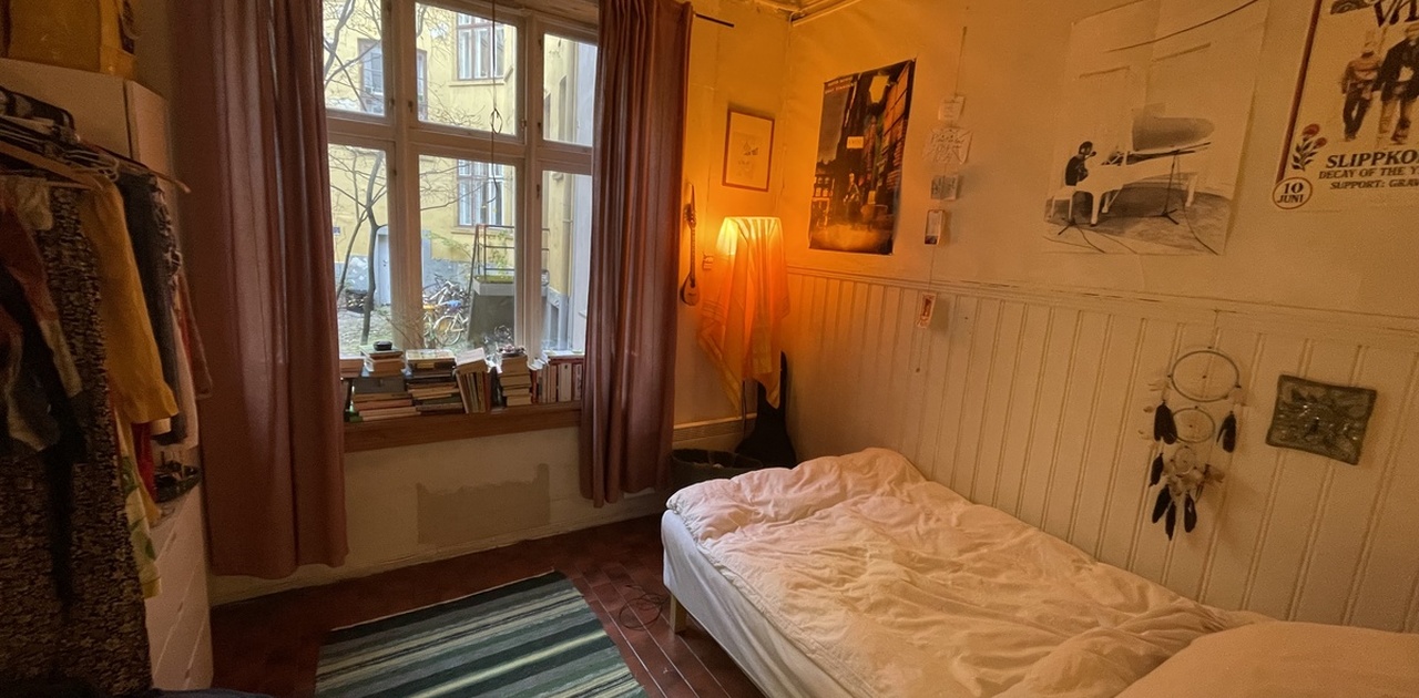 Rommet som leies ut. Stort vindu ut mot bakgård, fint skjermet av treet i bakgården