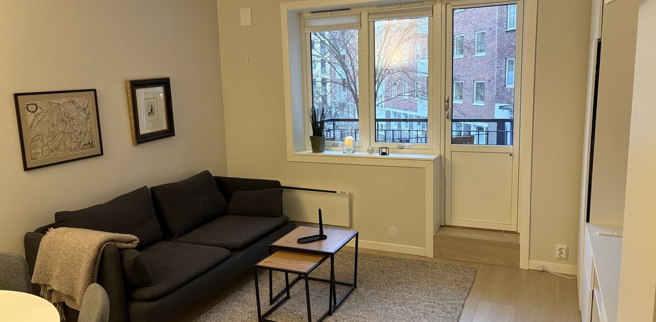 Stuen er innredet med en mørk grå sofa og satsbord, og har utgang til balkong via en lys balkongdør.