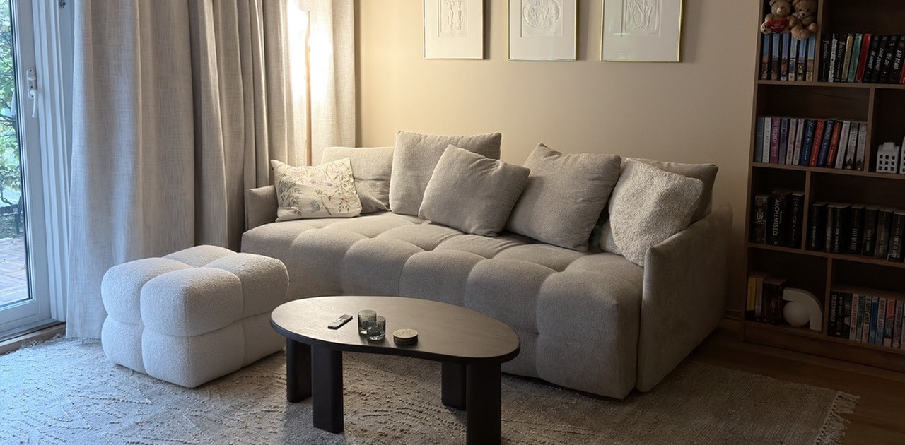 Lun stue med sovesofa. Stuen har store vinduer og glassdør til veranda.