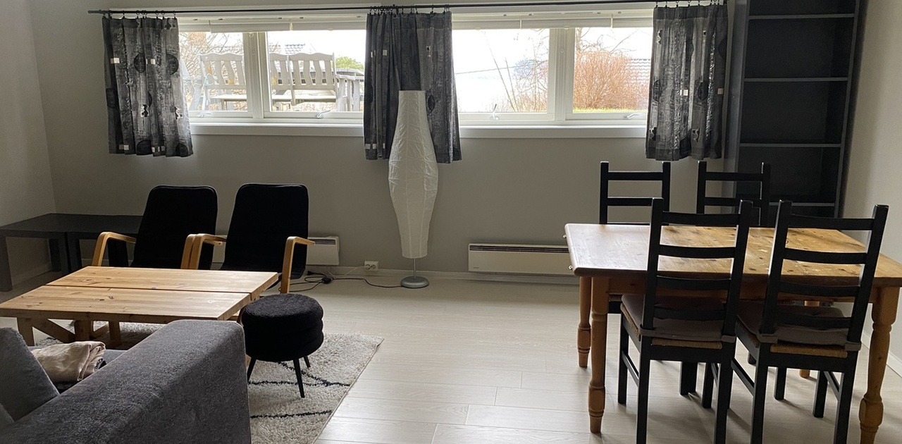 Den åpne stuen rommer både en sittegruppe og et spisebord under et langsgående vindusrekke som slipper inn dagslys.