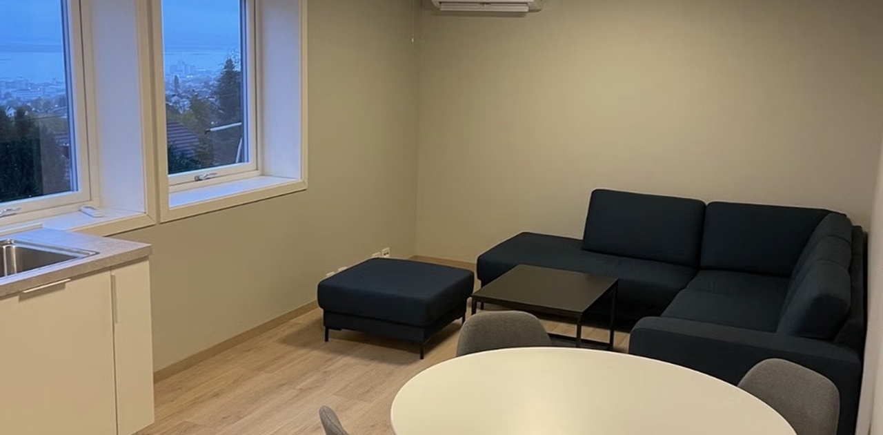 Stue med hjørnesofa og spisegruppe