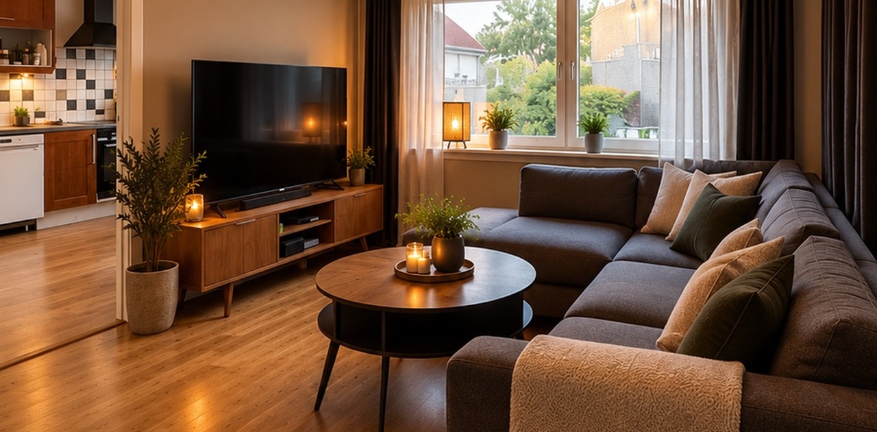 Stue, utgang til terasse bak sofa