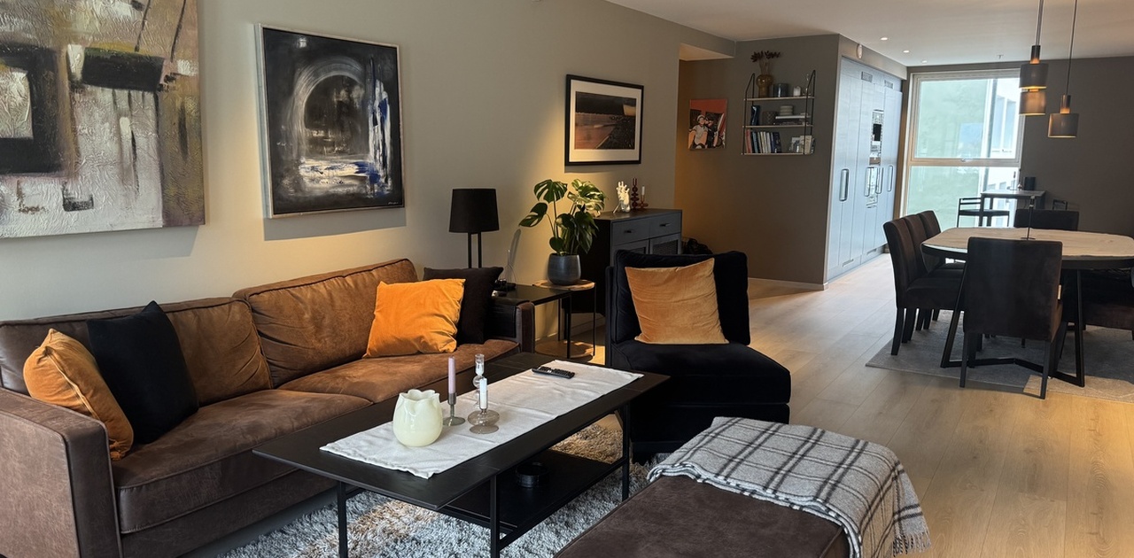 Stuen har en brun sofa med gule pynteputer, et lavt salongbord på et flossy teppe og åpen løsning mot spiseplass og kjøkken.