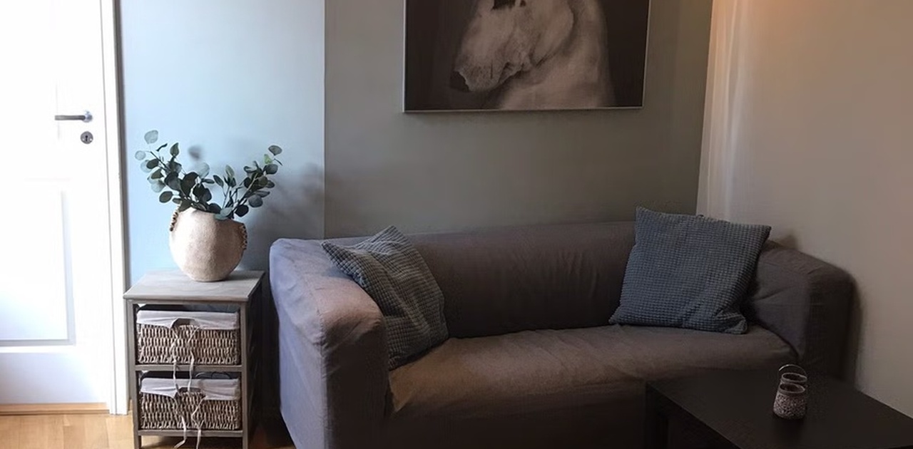 Liten salong i åpen kjøkken/stue løsning